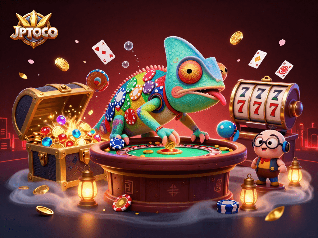 Engage with JPTOTO's vibrant casino scene featuring an animated chameleon and dynamic gaming elements.