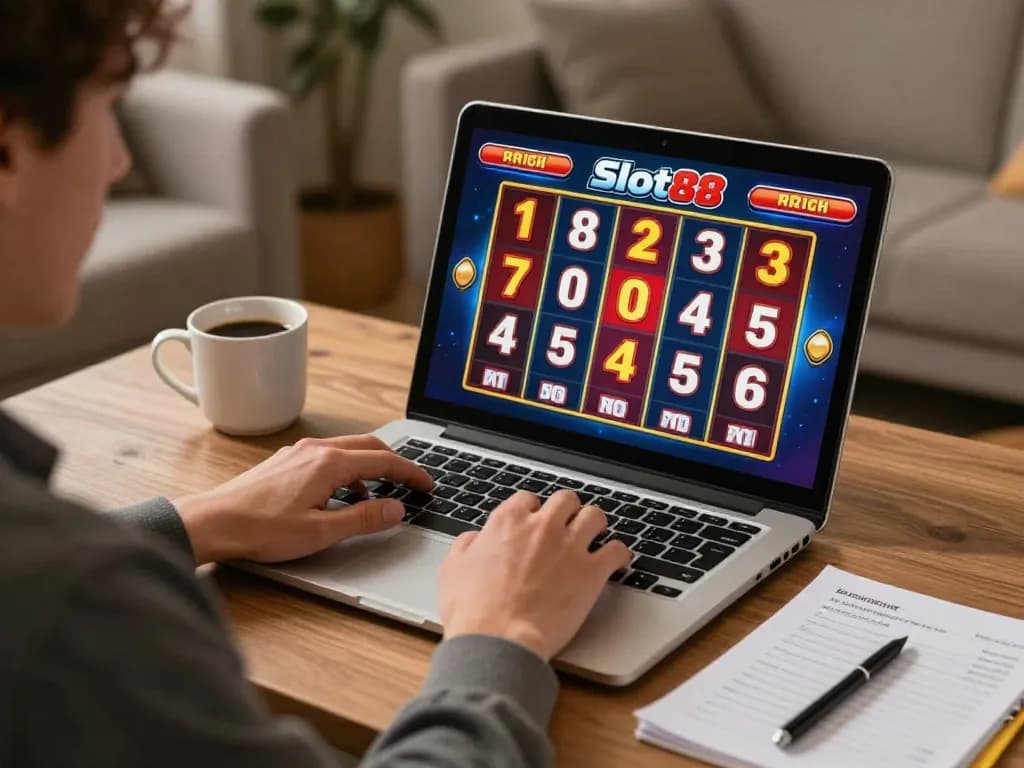 Playing Slot88 on a laptop with vibrant graphics and strategy notes in a cozy home setting
