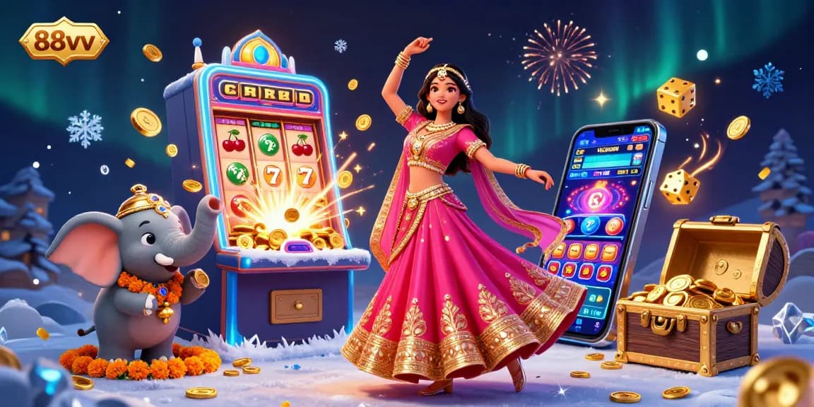 Engage with 88vv's vibrant online casino featuring a dynamic Asian dancer, slot machine jackpots, and festive elements.