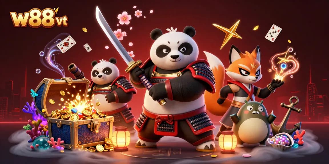 Trải nghiệm thú vị tại sòng bạc W88 VT với panda samurai, cáo ninja và tanuki.