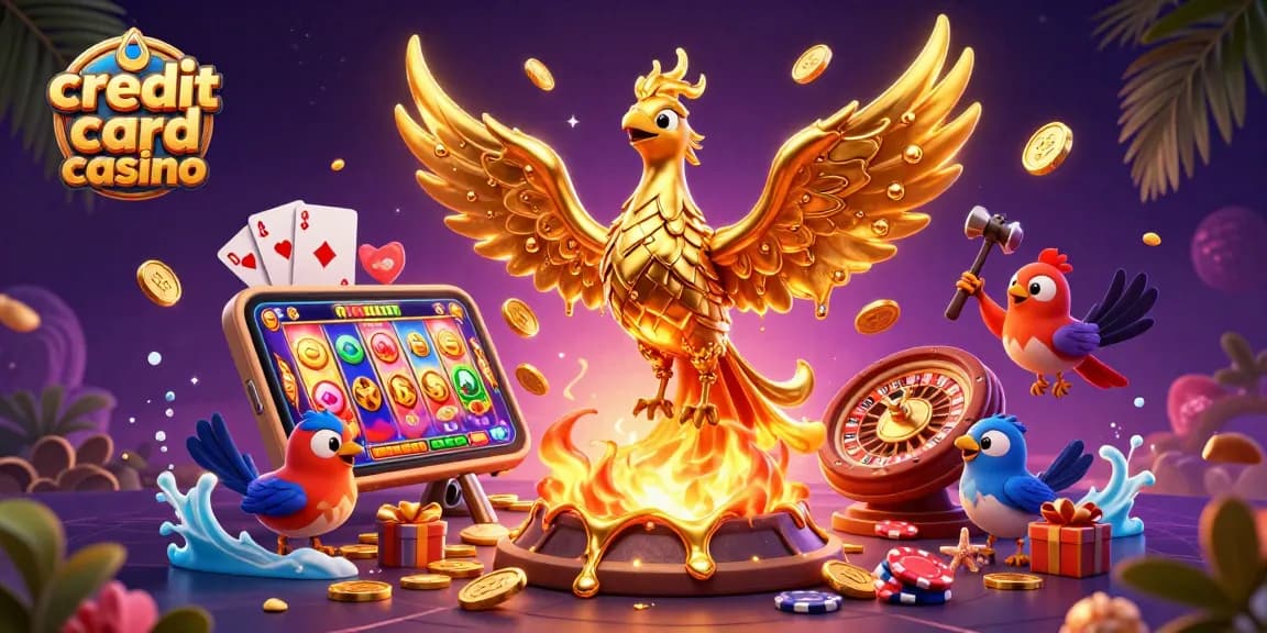 Experience the excitement of a credit card casino with a golden phoenix and vibrant slot games