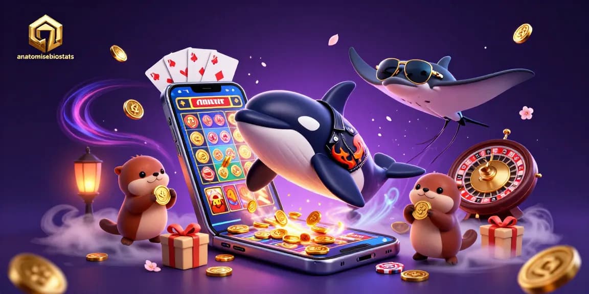 Anatomisebiostats showcases a vibrant scene with an orca in a biker jacket, stingray, and sea otters amidst casino games.
