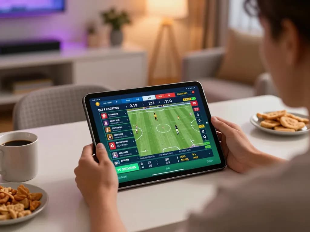 Engaging in sports betting using nk88 nhà cái on a tablet in a cozy home setup with snacks and warm lighting.