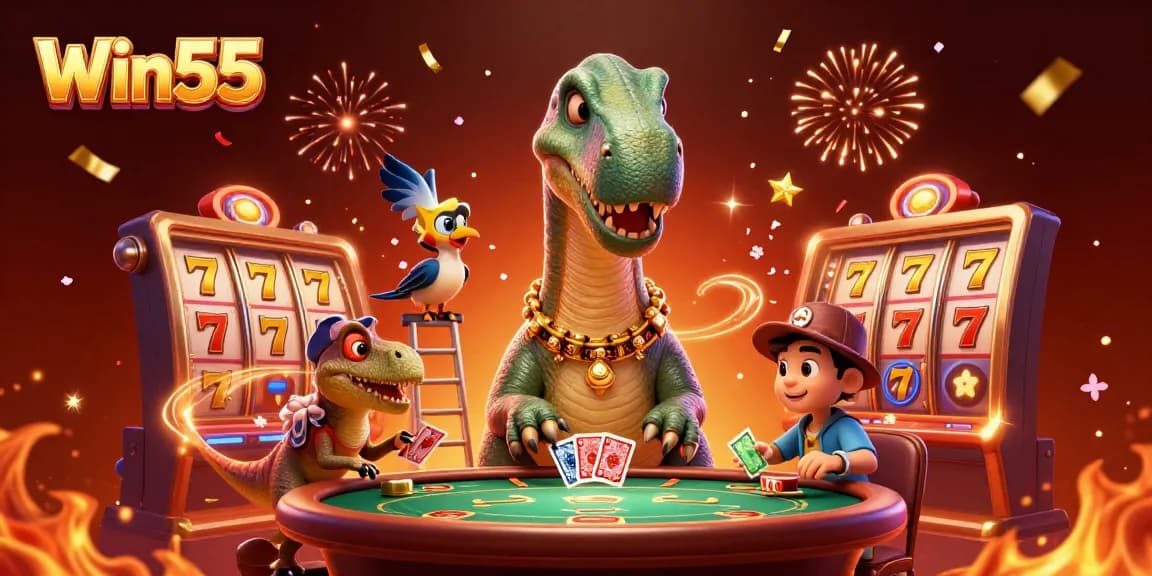 Win55 engages players with an exciting 3D casino scene featuring a giant brontosaurus and vibrant slot elements.