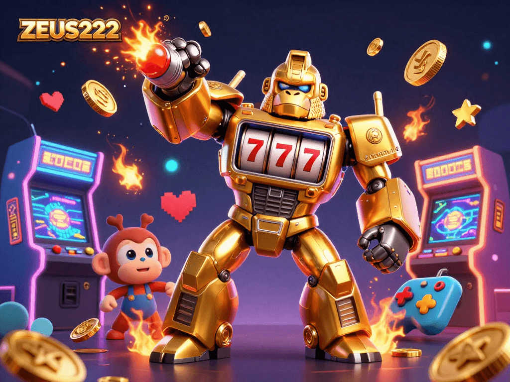Experience thrilling gaming with ZEUS222, featuring vibrant arcade elements and action-packed characters.