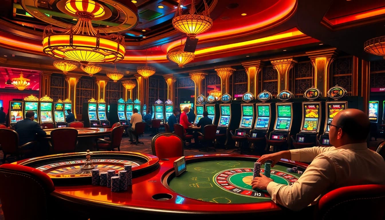 Players experiencing the excitement of games at https://rr88co.net/ casino, with poker chips and a roulette wheel.