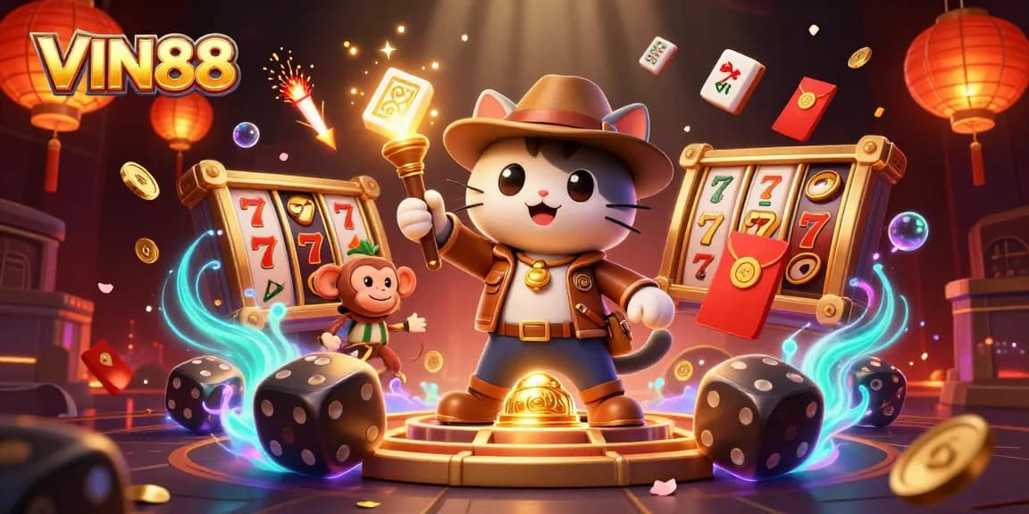 Explore VIN88's thrilling slots with a charismatic cat archaeologist amidst dazzling casino artifacts.