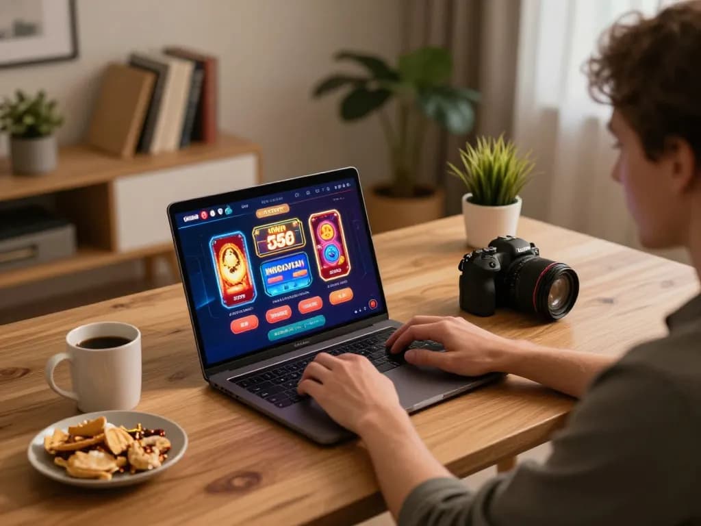 Player enjoys 56win online casino games on a laptop with cozy home setup.