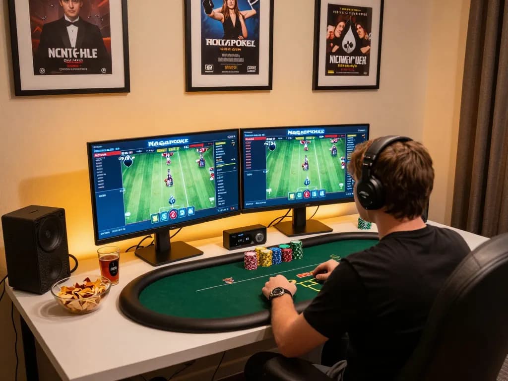 Nagapoker gaming setup showcases a stylish online poker session with dual monitors and ambient lighting.