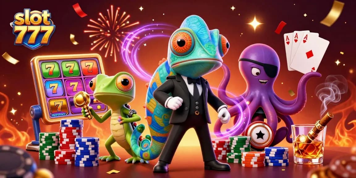 Putar slot 777 dengan chameleon dalam setelan hitam, dikelilingi chip poker berwarna-warni.
