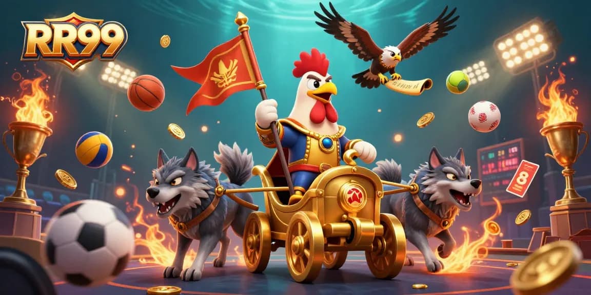 RR99 sports betting illustration featuring a rooster warlord, gold trophy, dynamic elements, and rich details.