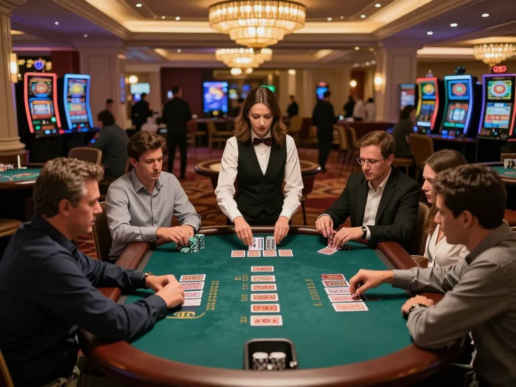 Players strategizing in an HM88 blackjack game at a luxurious casino table, vibrant atmosphere.