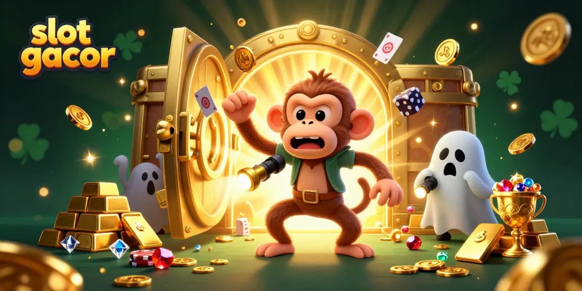 Menangkan slot gacor di kasino dengan koin emas dan berkilauan, dikelilingi aneka harta berharga.