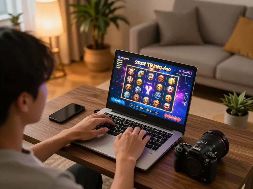 Enjoying 92slot trang chủ via online gaming on a cozy laptop setup at home.