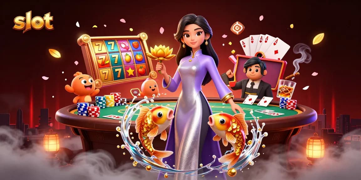Engage with exciting slot games featuring vibrant reels and golden koi in a lively casino scene.