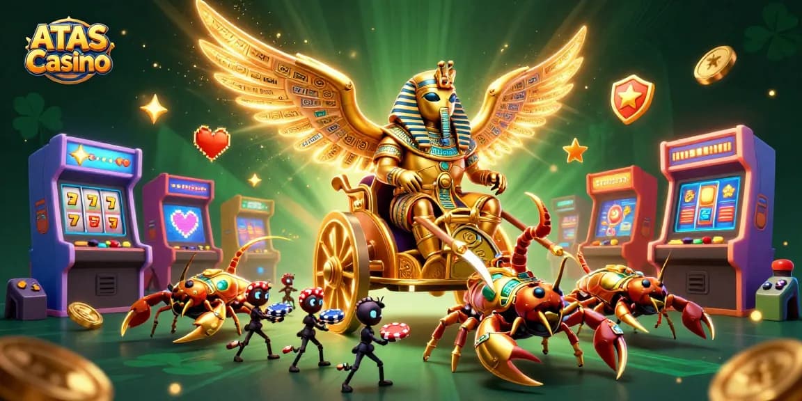 Experience the thrill of ATAS Casino with vibrant characters amidst dazzling gaming elements.