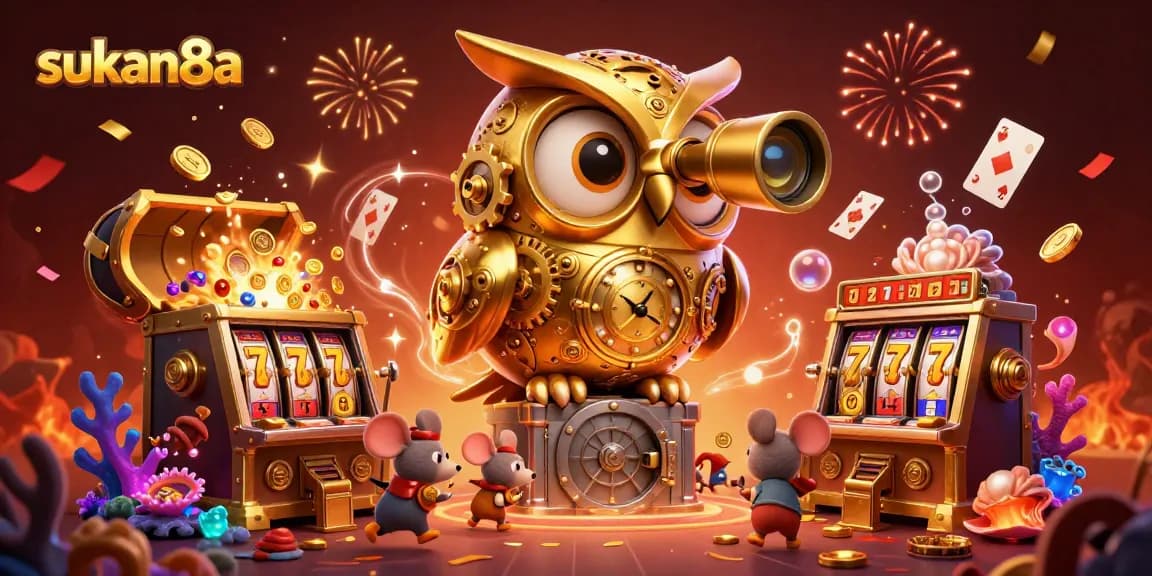 Sukan8a's vibrant casino scene with a golden owl, slot machines, and colorful festive elements enhancing the gaming experience.