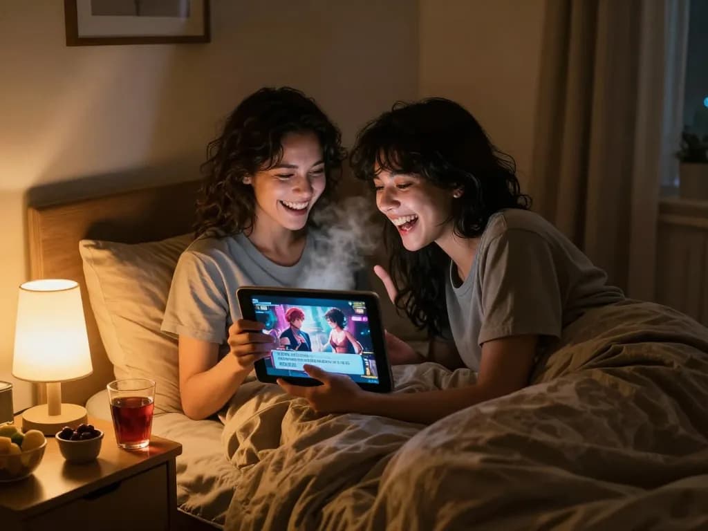 Couple enjoying a sex game on a tablet in a cozy bedroom atmosphere.