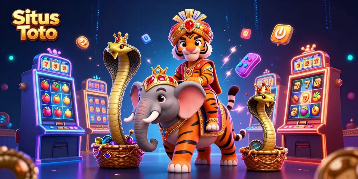 Situs Toto showcases a vibrant gaming scene with dynamic slot machines, a tiger maharaja, and high-energy elements.