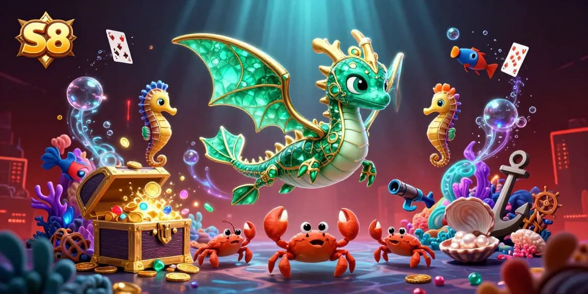S8 engages players with a vibrant underwater casino scene featuring emerald sea dragons and floating treasures.