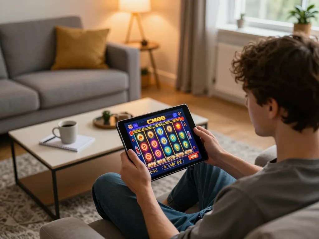 Engaging in thrilling online gambling at CM 88 with vibrant slot reels on tablet in cozy home setting