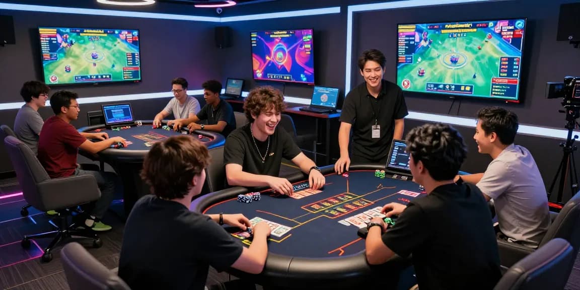 Players enjoying a thrilling round of 68gamebai in a vibrant gaming lounge setting with screens and chips.