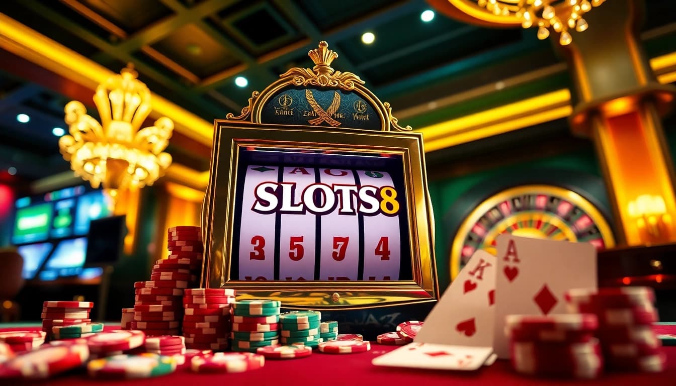 Spin for big wins at SLOTS8 with vibrant slot machines and poker chips.