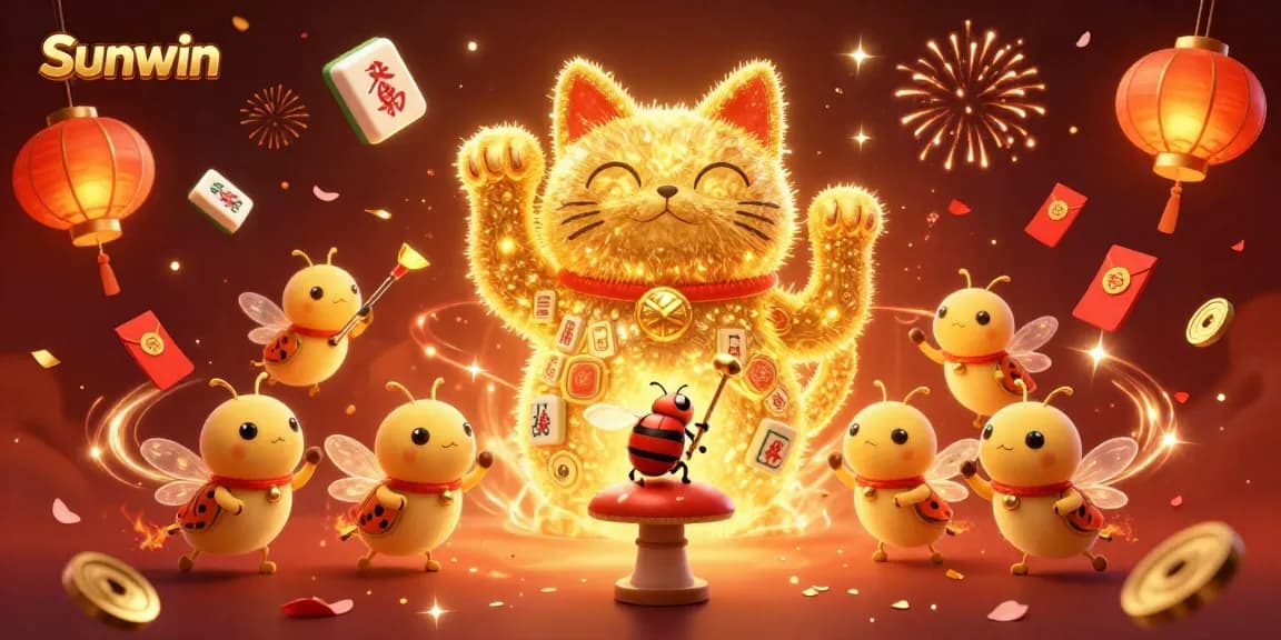 Experience the excitement of Sunwin with lucky cat and casino symbols in a vibrant 3D illustration.