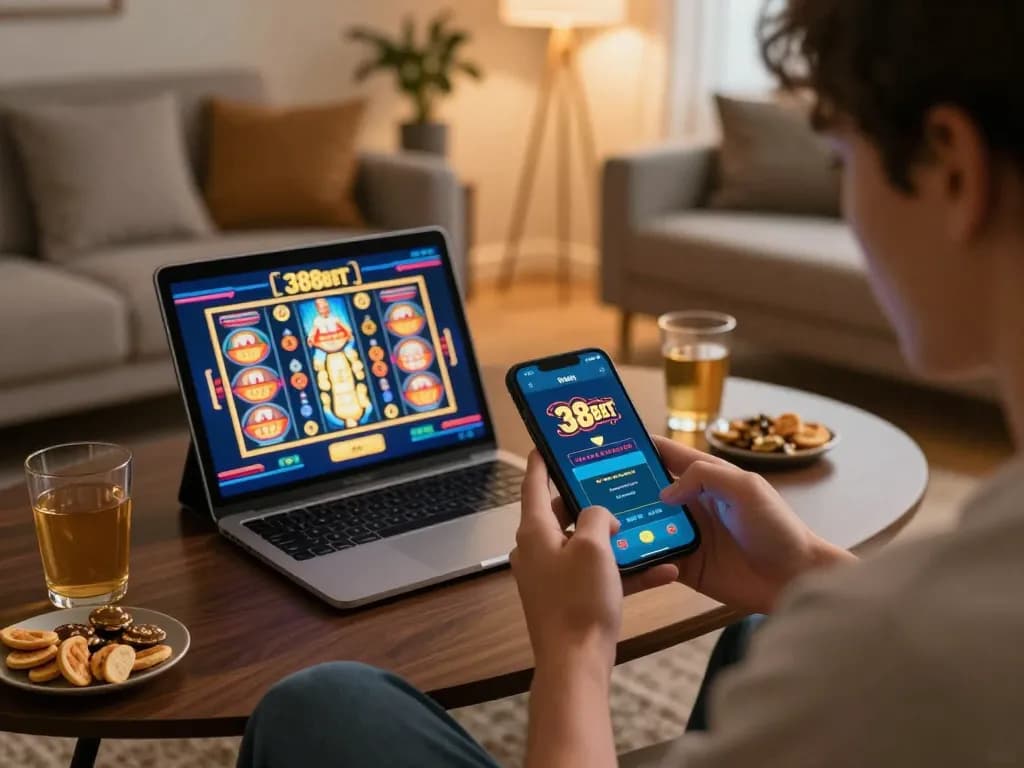 Engaging online gambling scene showcasing 388bet mobile app in a cozy home setup
