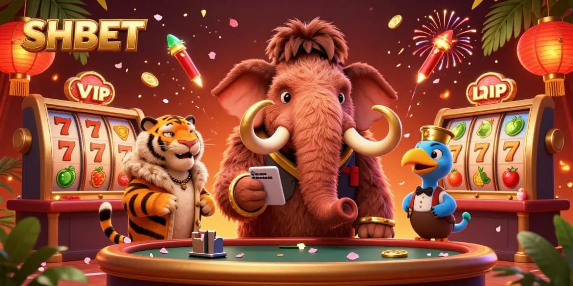 Experience the excitement of SHBET with vibrant casino characters amid slots and fireworks.