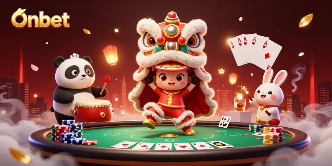 Experience thrilling gameplay at Onbet with a festive lion dance and poker action.