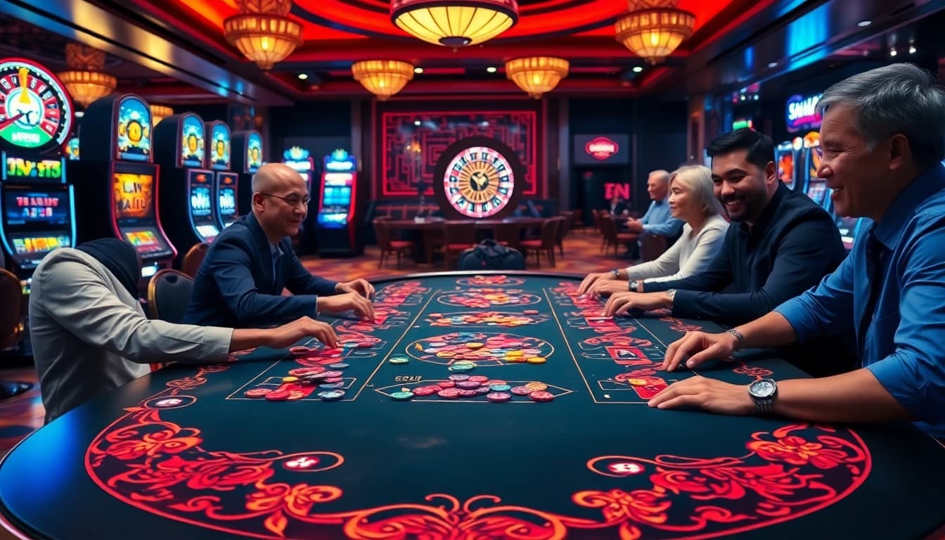 Engaged gamblers enjoying a thrilling game of tai xiu at a luxurious casino table.
