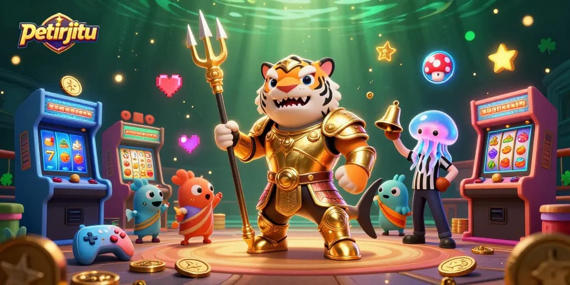 Petirjitu menghadirkan ilustrasi 3D kasino dengan hiu harimau bertemakan gladiator dan elemen permainan