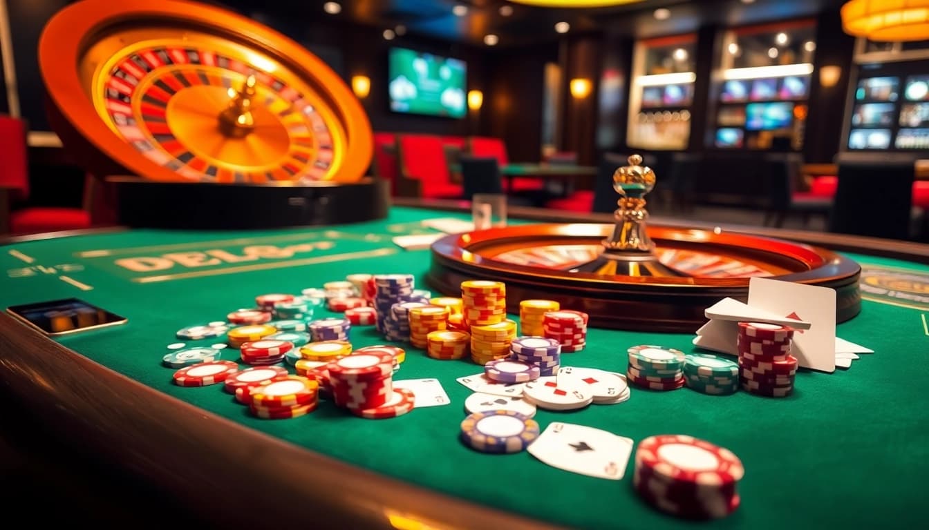 Crown88 casino experience with luxurious poker tables, vibrant chips, and online betting interface.