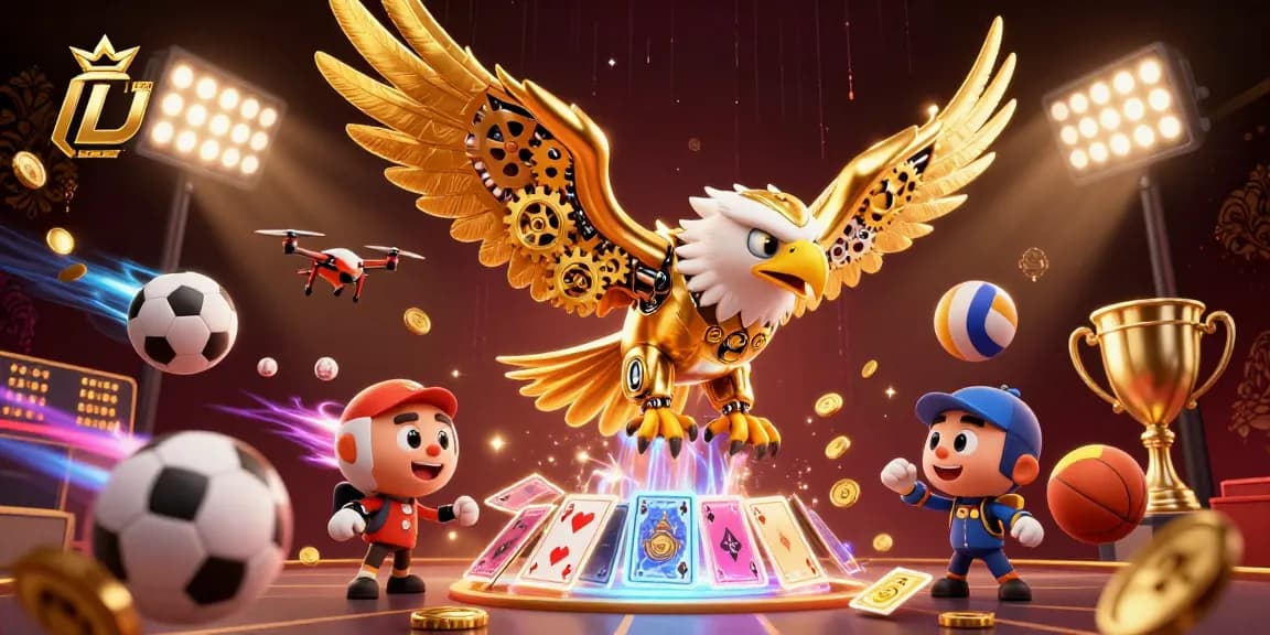 Engage with LU88's exciting betting experience featuring a cybernetic eagle soaring through dynamic sports elements.