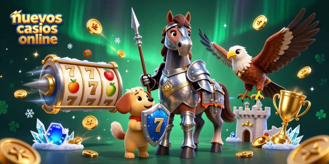 Engage with nuevos casinos online in a vibrant 3D illustration featuring a knight, squire, and falcon.