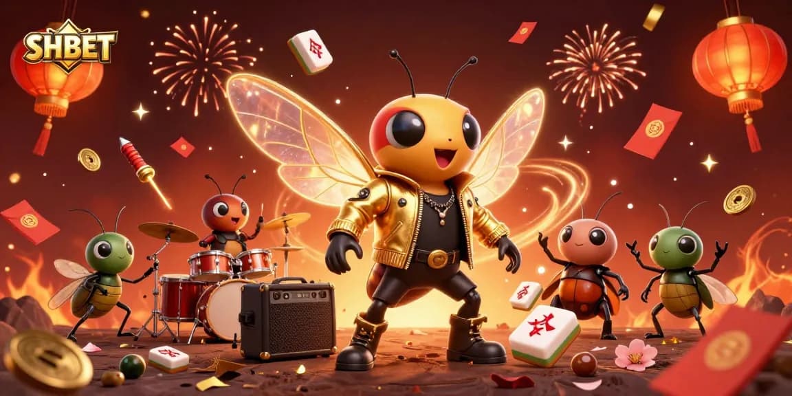 SHBET captivates with its exciting atmosphere, featuring a rock star cicada at a buzzing casino celebration.