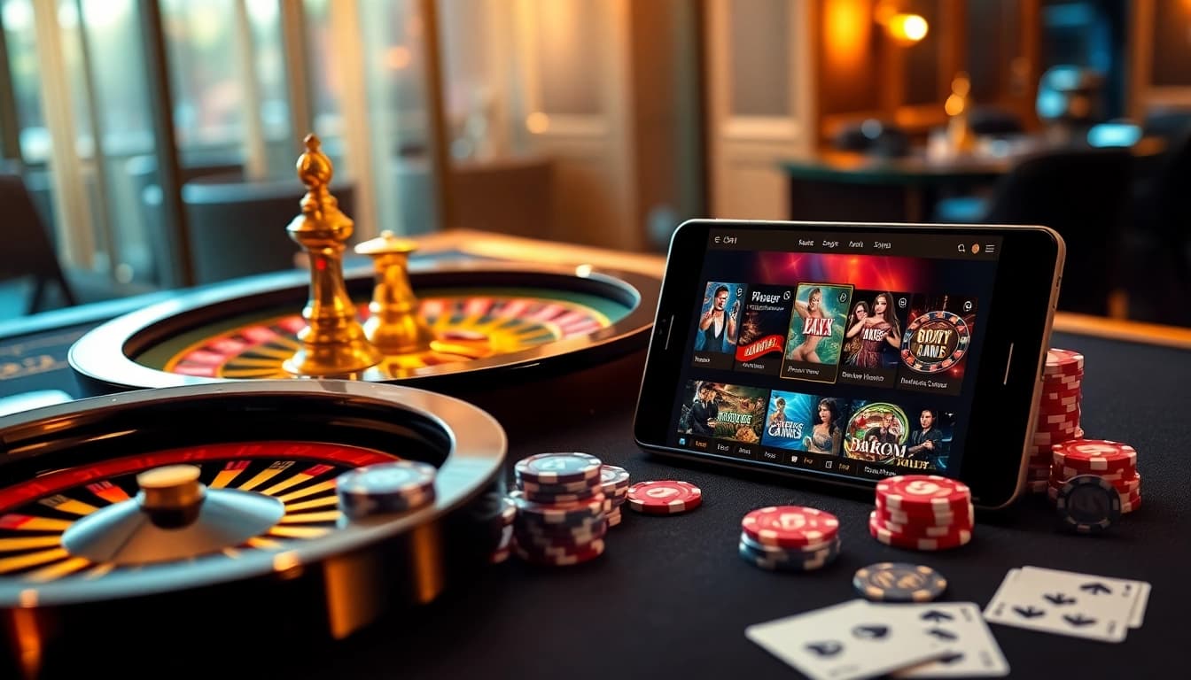 Experience the thrill of BK8 เว็บตรง with a luxurious casino setting, featuring poker and vibrant online gaming elements.
