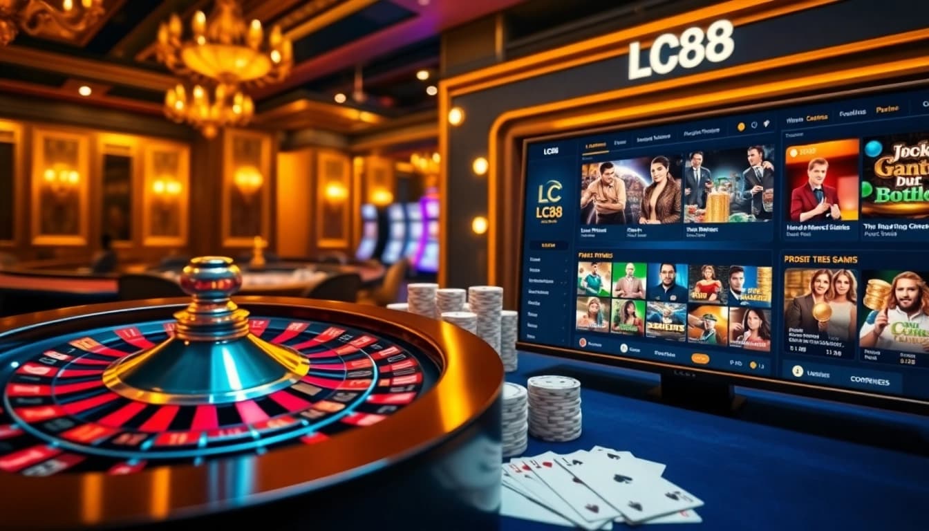 A thrilling LC88 casino scene featuring poker chips, a roulette wheel, and an online betting interface.