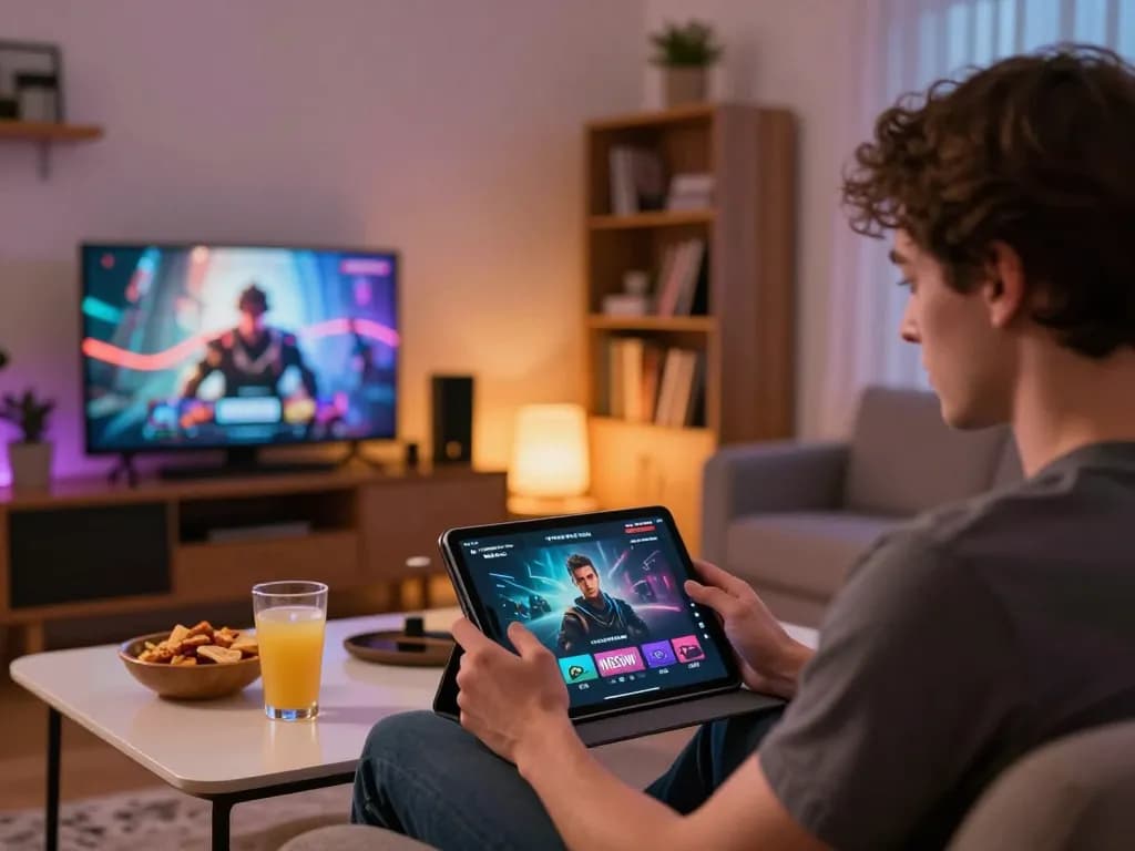 Engaging in NSFW games APK on a tablet, highlighting focused gameplay in a cozy setting.