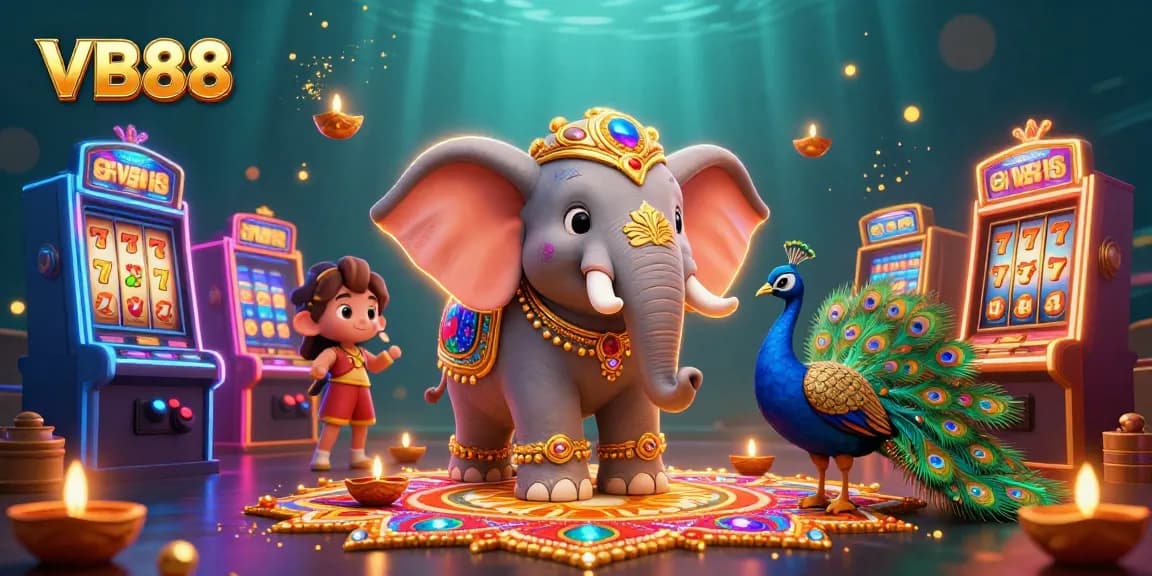 Experience the excitement of VB88 with vibrant 3D slot machines and festive characters in a lively casino scene.