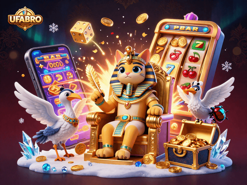 UFABRO casino scene featuring a pharaoh cat with a jackpot slot machine, offering exciting gaming action.
