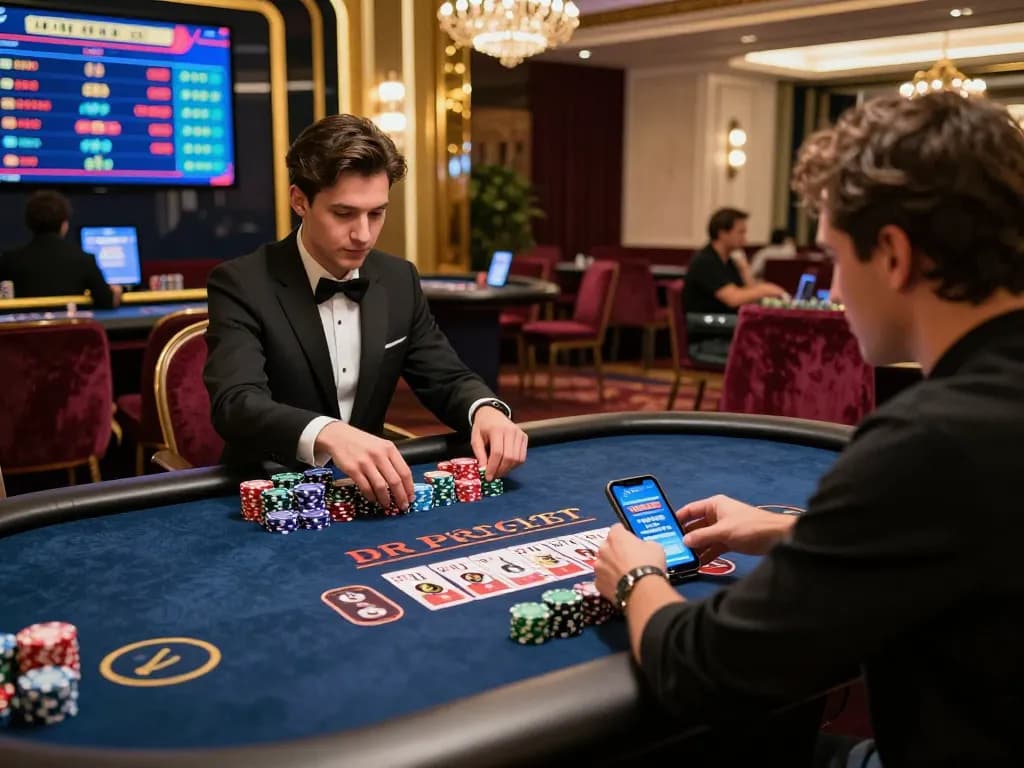 Engaged player enjoying free credit baccarat at a luxurious casino table with a live dealer setting, vibrant ambiance, and detailed chip stacks.