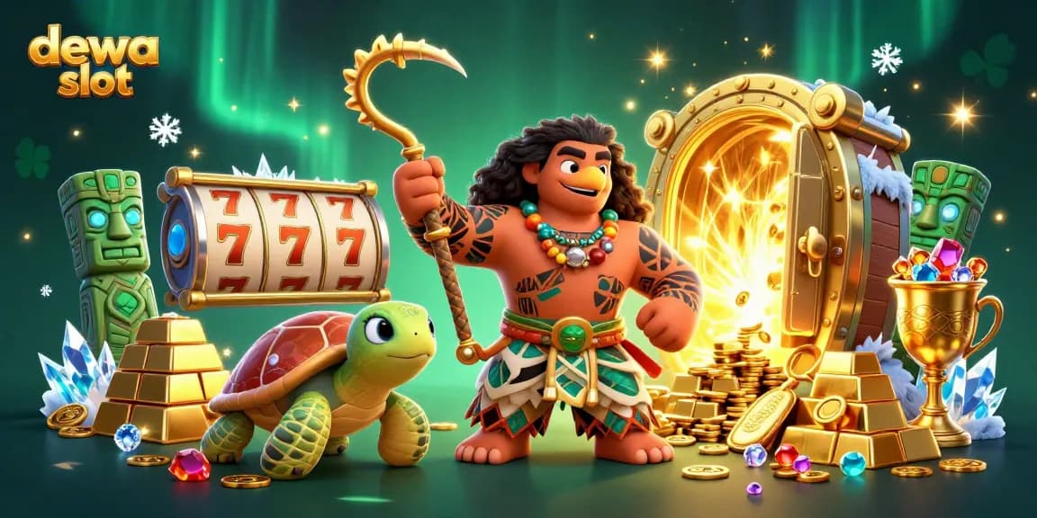 Spin the reels on dewa slot as a demigod and turtle discover treasures in a vibrant casino scene.