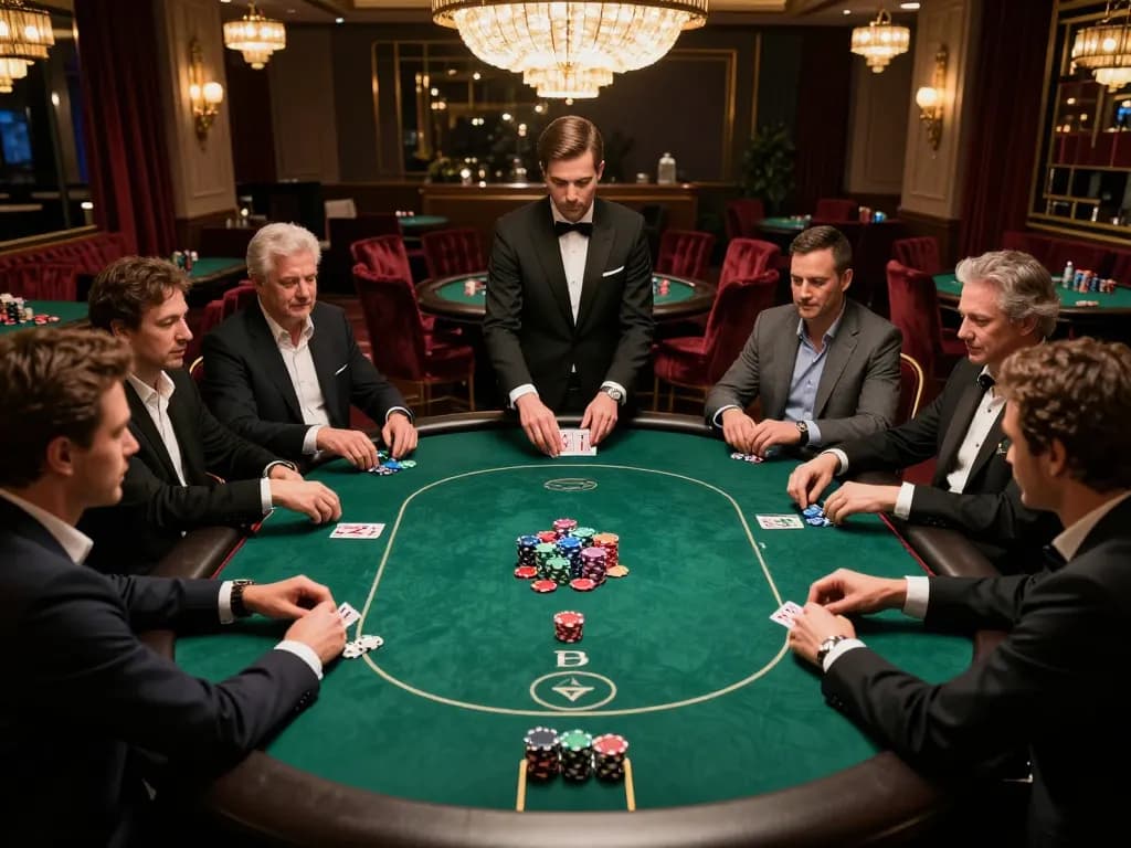Players engaged in a strategic poker game at casinosscope with vibrant chips and cards visible, luxurious casino setting.