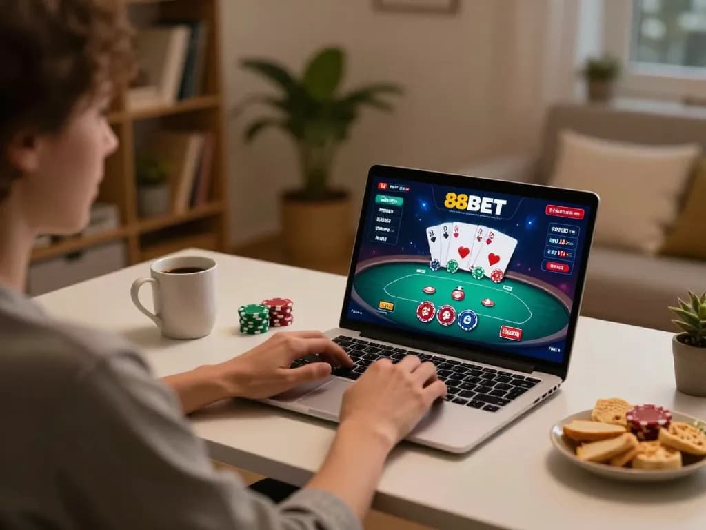 Player enjoying 88BET online poker game from home, cozy gaming setup with snacks.
