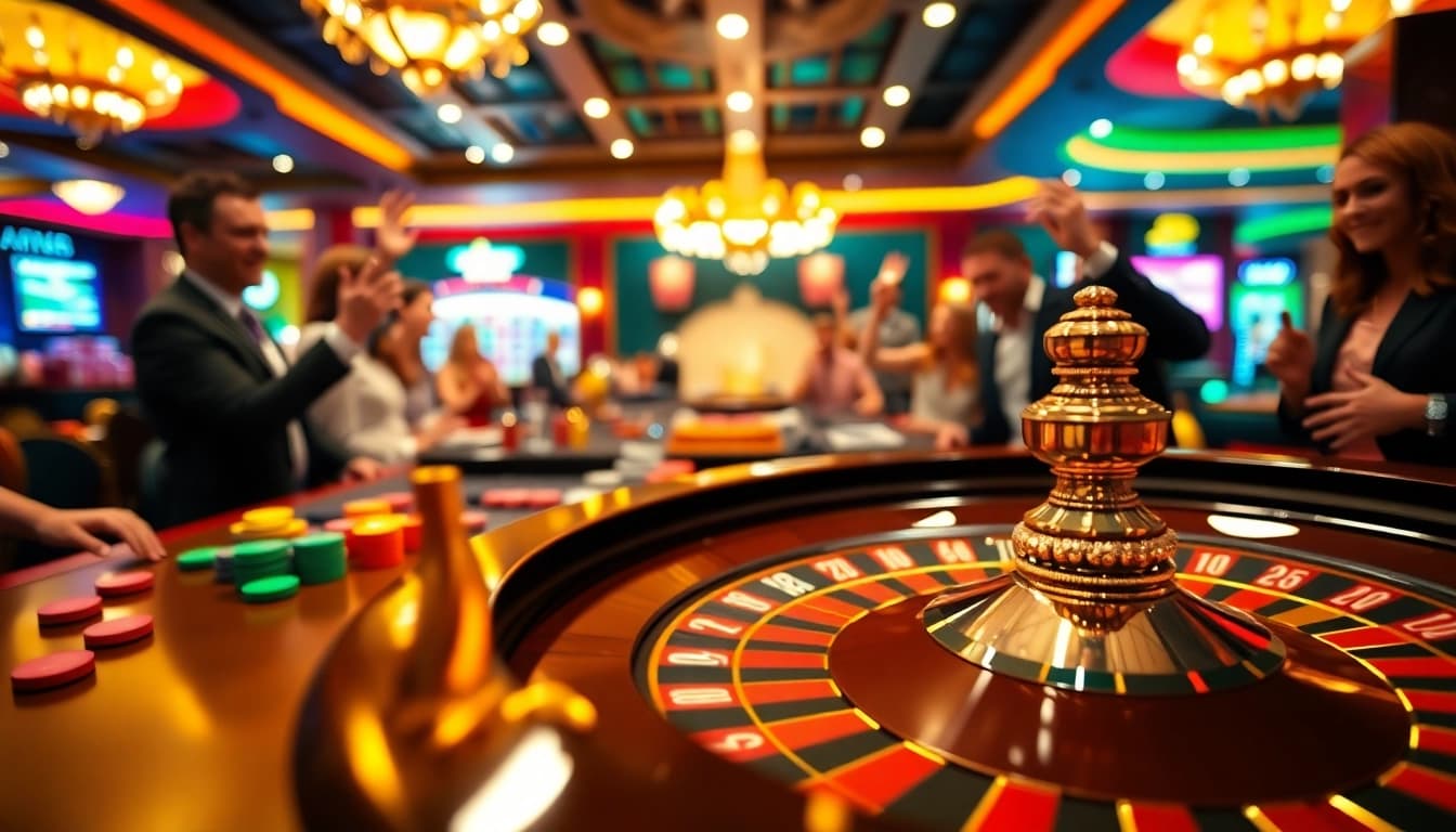 Erlebe das aufregende casinospielen an einem Roulette-Tisch mit lebhaften Spielern, die feiern.