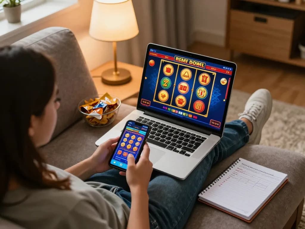 uu88 gaming strategy with a player enjoying an online casino at home, laptop and snacks nearby