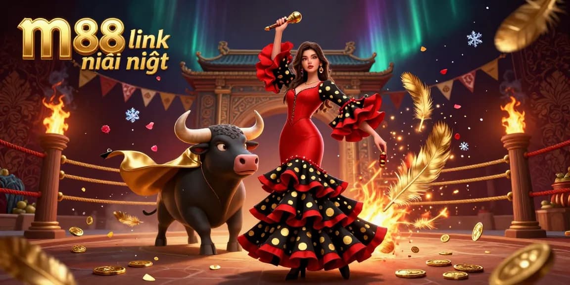 Trải nghiệm gameplay hấp dẫn với m88 link mới nhất, với cảnh tượng sống động của một vũ công flamenco và một con bò đấu trong bối cảnh sòng bạc giàu có.