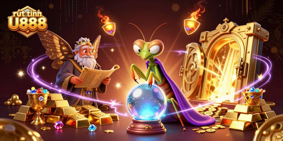 Experience the magic of rút tiền U888 with a vibrant 3D casino scene featuring mystical characters and treasures.